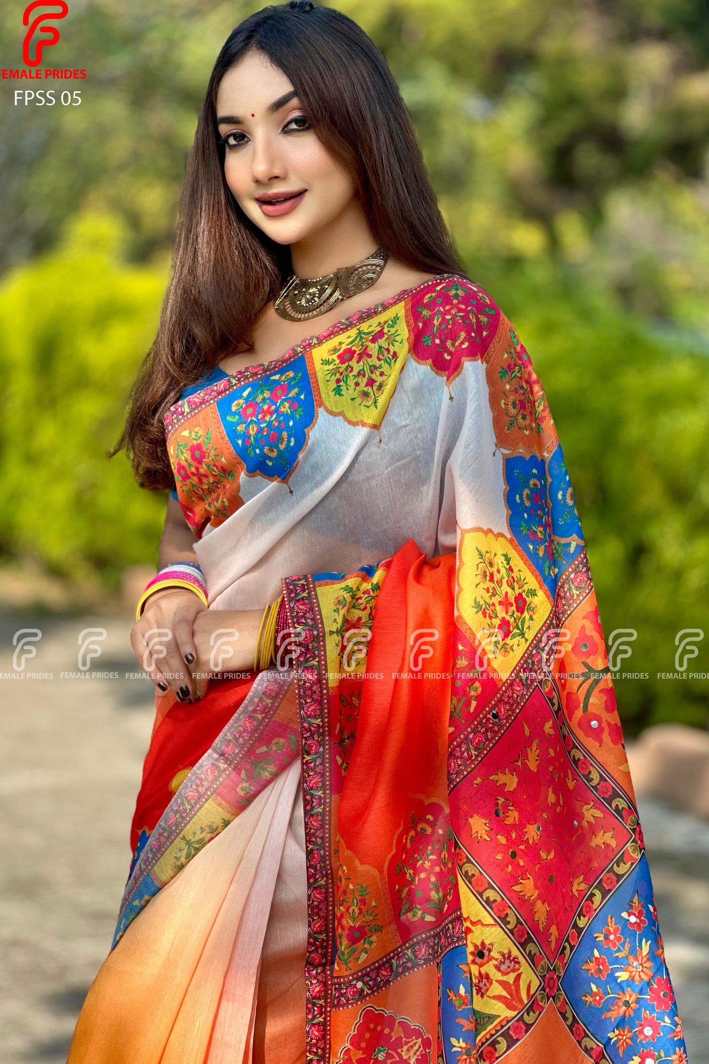 চমৎকার ডিজাইনের চান্দেরি সিল্ক ডিজিটাল প্রিন্ট শাড়ি-FPSS05
