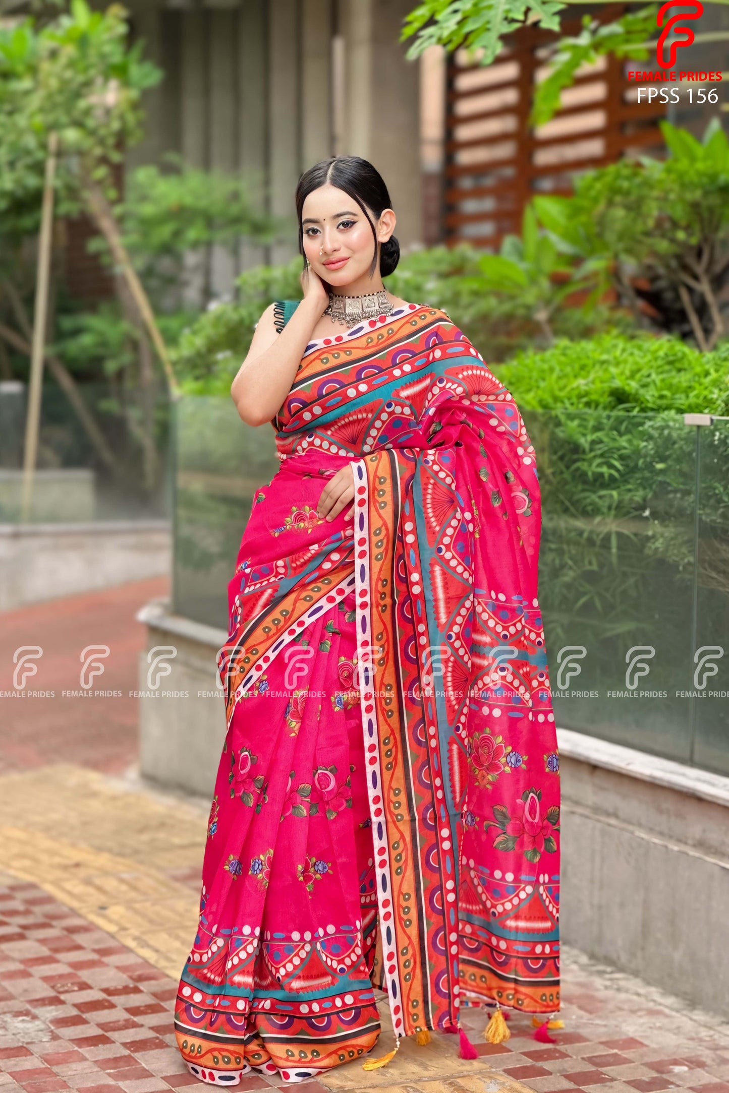 চমৎকার ডিজাইনের চান্দেরি সিল্ক ডিজিটাল প্রিন্ট শাড়ি-FPSS156