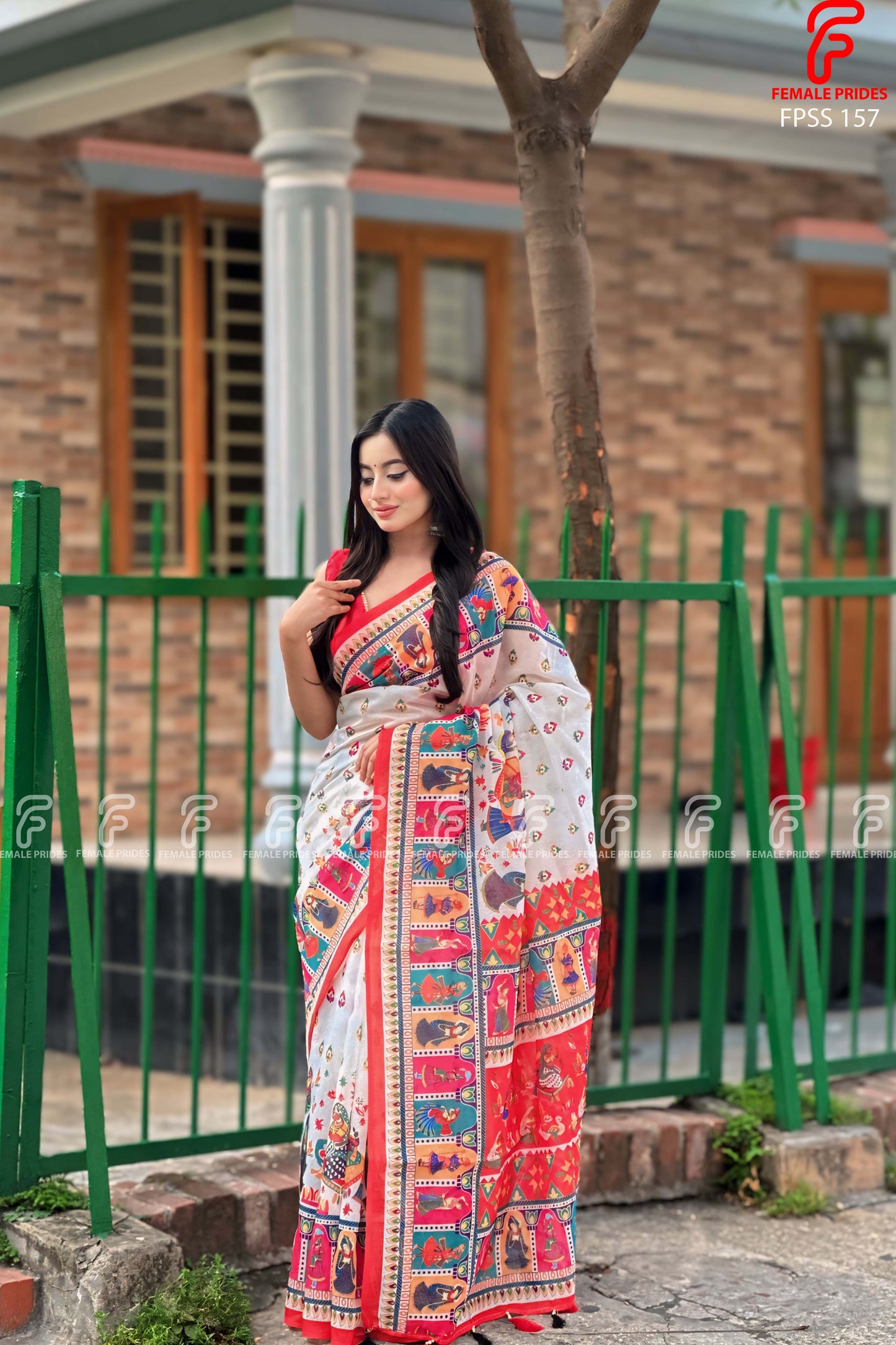 চমৎকার ডিজাইনের চান্দেরি সিল্ক ডিজিটাল প্রিন্ট শাড়ি-FPSS157