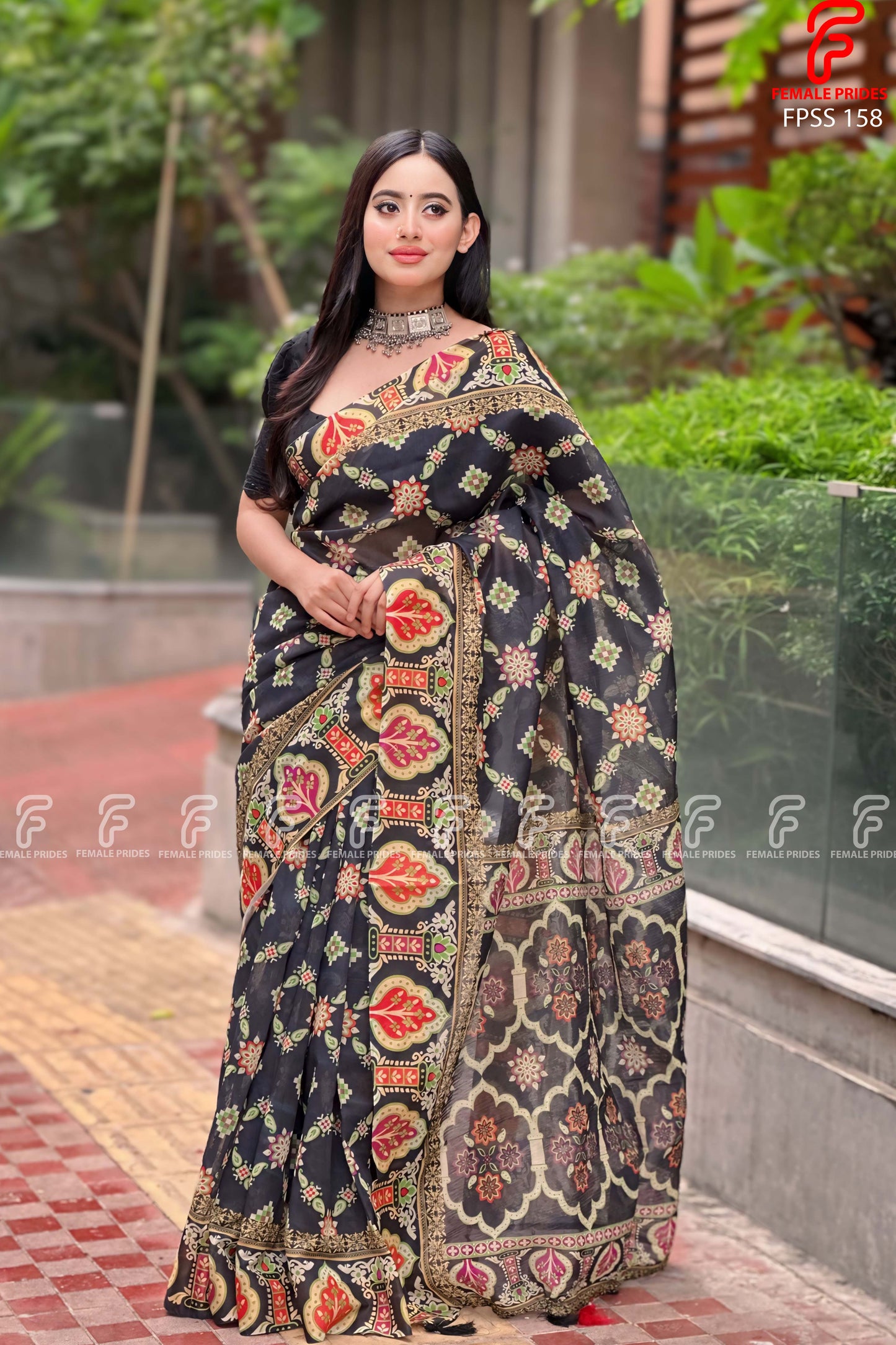 চমৎকার ডিজাইনের চান্দেরি সিল্ক ডিজিটাল প্রিন্ট শাড়ি-FPSS158