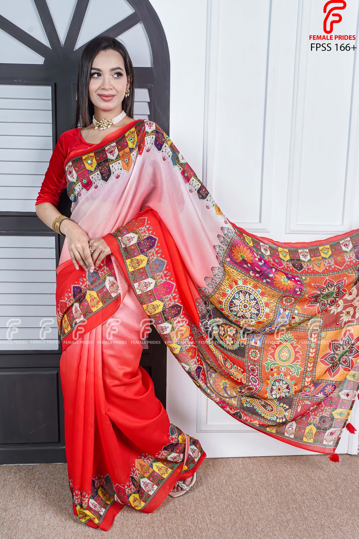চমৎকার ডিজাইনের চান্দেরি সিল্ক ডিজিটাল প্রিন্ট শাড়ি-FPSS166+
