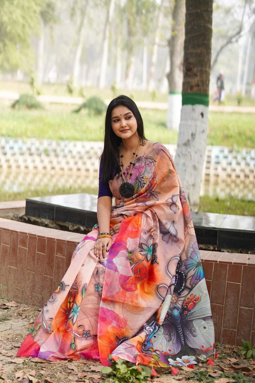 চমৎকার ডিজাইনের সেমি মসলিন প্রিন্টের শাড়ি- FPTSM-01