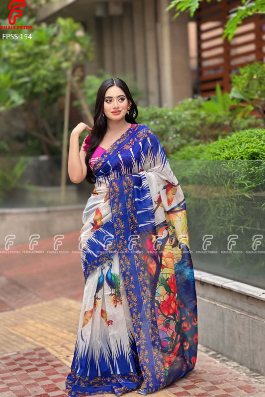 চমৎকার ডিজাইনের চান্দেরি সিল্ক ডিজিটাল প্রিন্ট শাড়ি-FPSS154