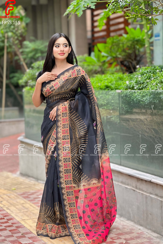 চমৎকার ডিজাইনের চান্দেরি সিল্ক ডিজিটাল প্রিন্ট শাড়ি-FPSS155